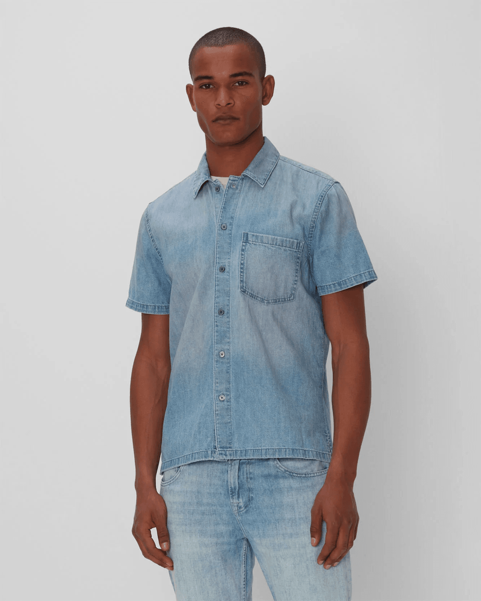7 For All Mankind Short Sleeve Camp Collar Denim Shirt In Midpines Midpines