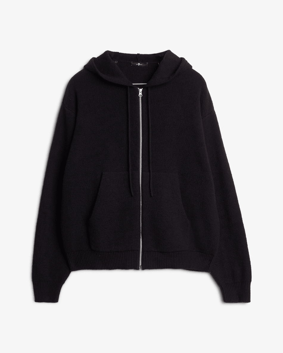 7 For All Mankind Cotton Wool Hooded Zip Sweater in Black Black