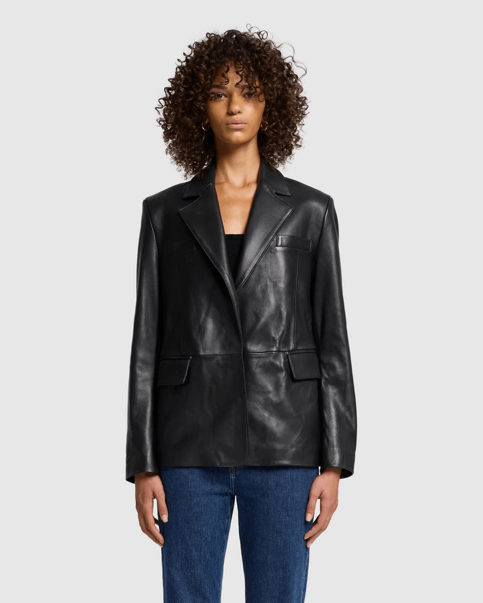 7 For All Mankind Italian Leather Blazer in Black Black