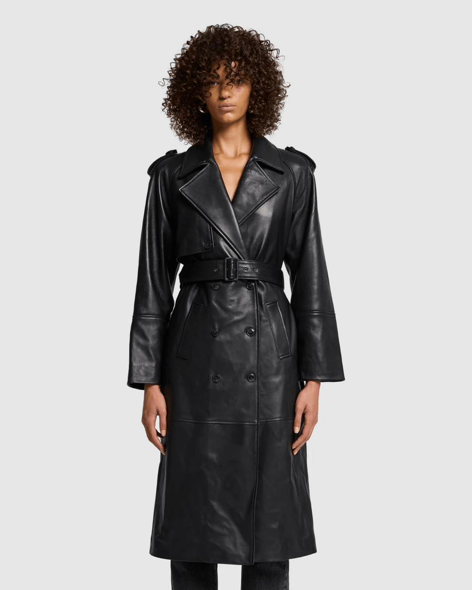 7 For All Mankind Italian Leather Trench Coat in Black Black
