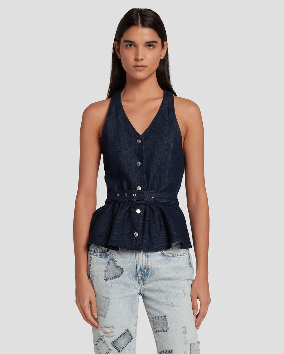 7 For All Mankind Colete De Denim Lustroso Ajustado Em Lavagem Escura Lavagem Escura