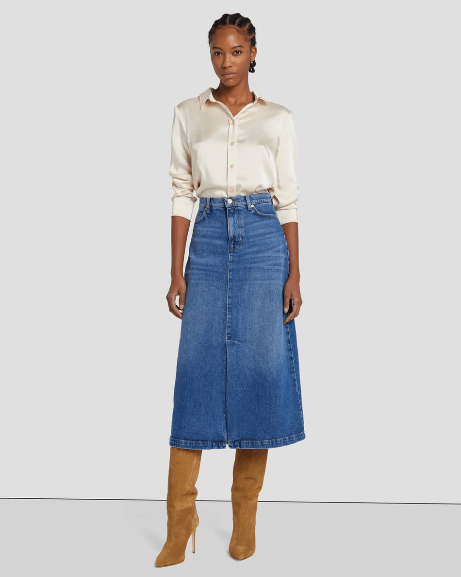 7 For All Mankind Denim Midi Skirt in Explorer Explorer