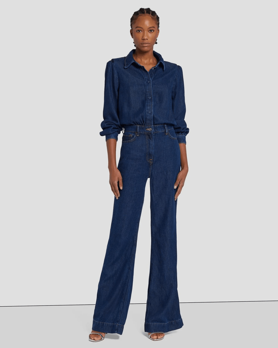 7 For All Mankind Denim Lustre Long Sleeve Jumpsuit in Poppy Poppy