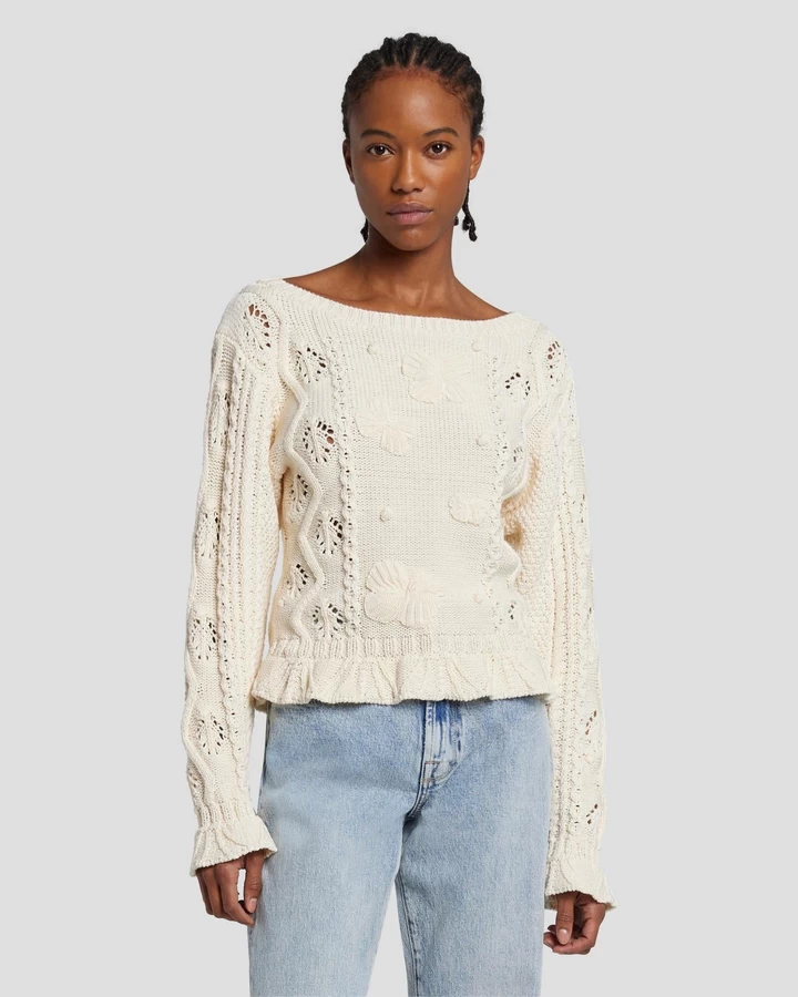 7 For All Mankind Floral Cable Knit Sweater in Cream