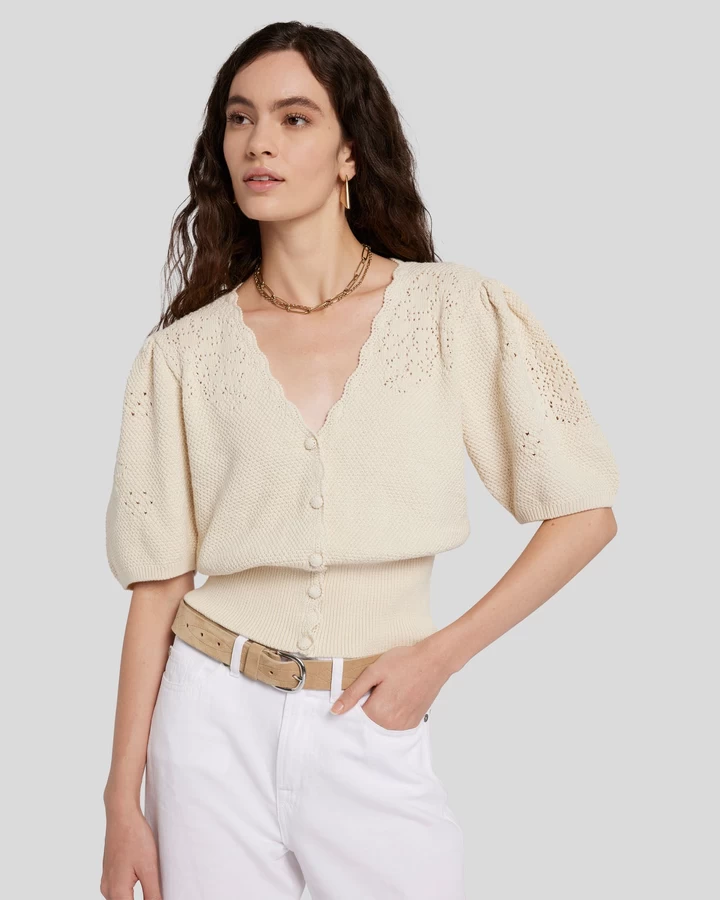 7 For All Mankind Cinched Puff Sleeve Cardigan in Bone