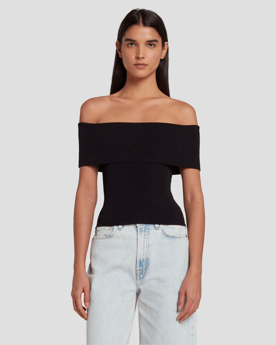 7 For All Mankind Atasan Ribbed Off The Shoulder Berwarna Hitam